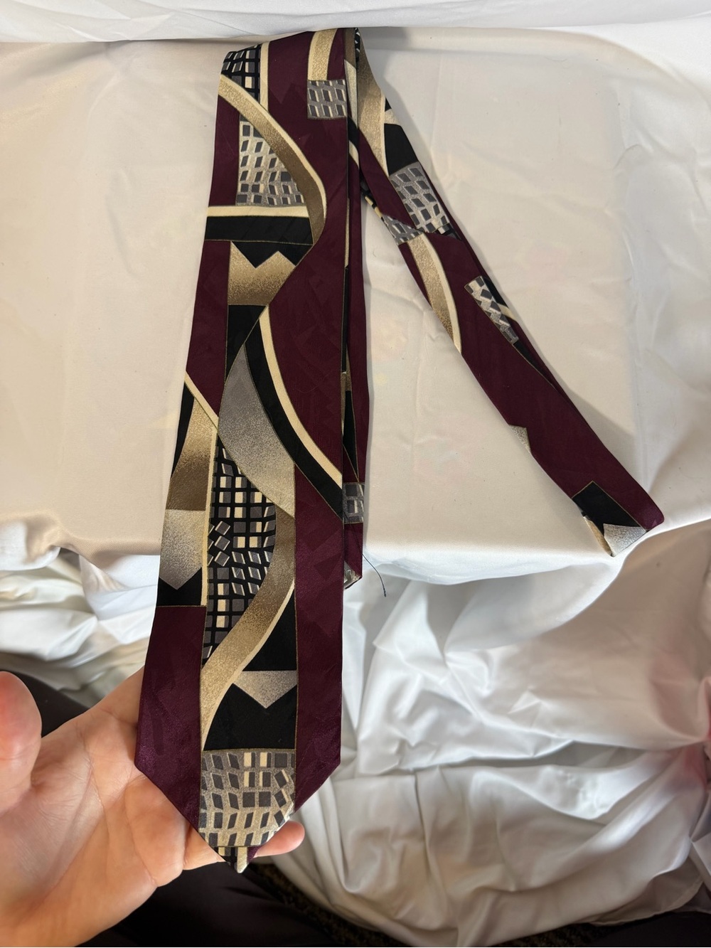 Men's Burgundy Geometric Pattern Tie with Gold and Black Accents
